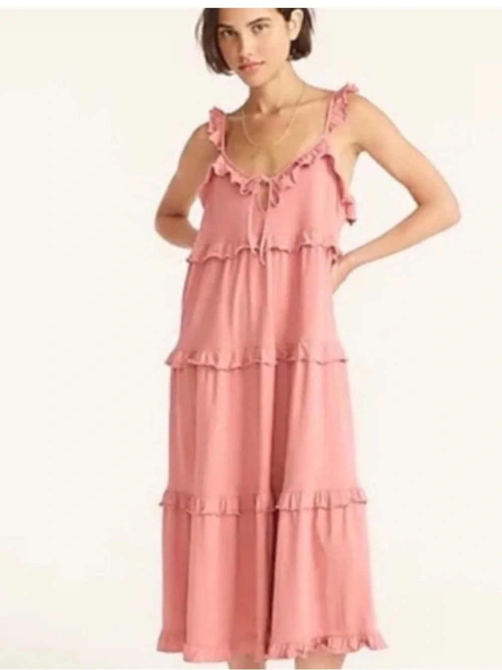 J. Crew Tiered Knit Blokette Midi Keyhole Dress Dusty Rose Cottagecore